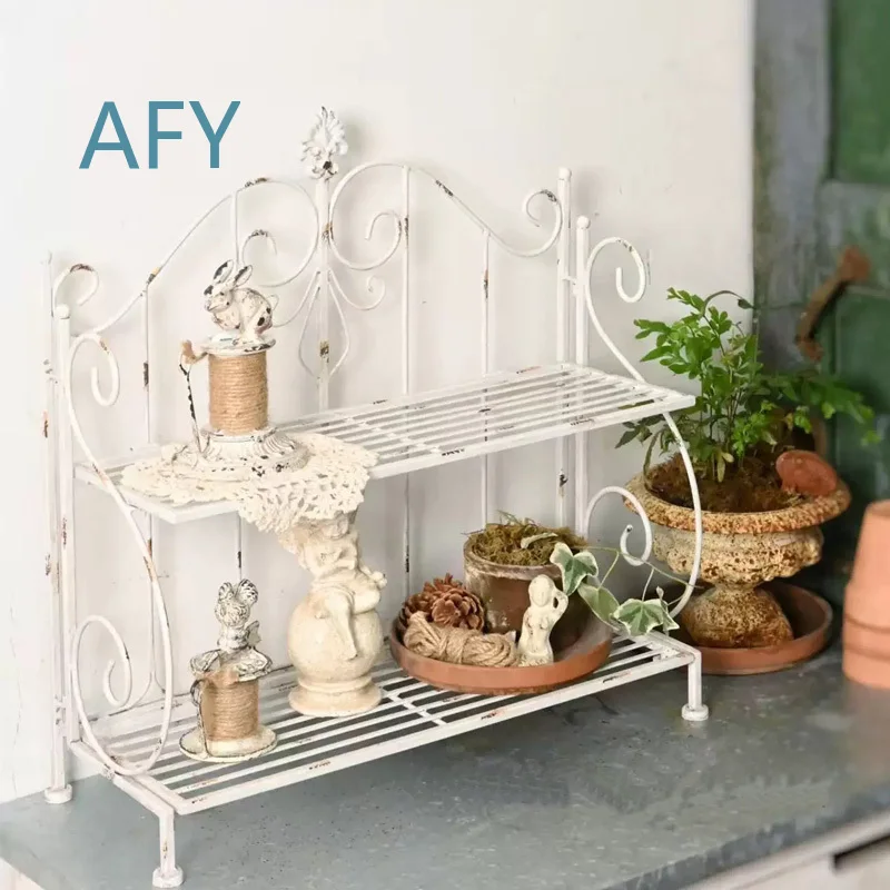Vintage White Metal Garden Shelf for Indoor Outdoor Use 2-Tier Decorative Display Rack with Scrollwork Design French Country