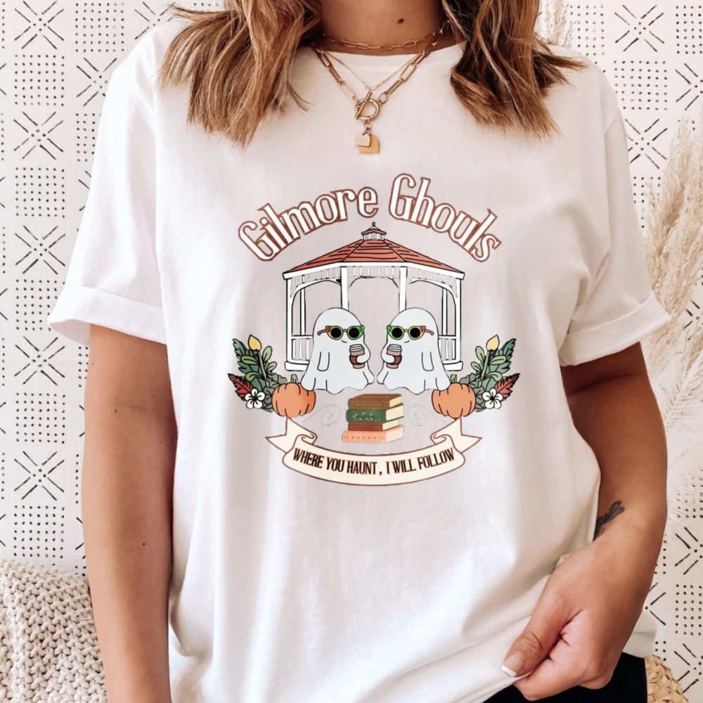 Gilmore Ghouls Coffee Books Tee Chill Ghosts Reading Autumn Unisex Streetwear Shirt High Quality Cotton Short-sleeve Tees