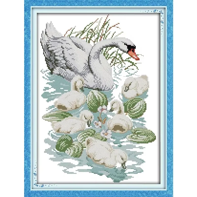 Joy Sunday New Printed Cross Stitch Kit  Easy Pattern Aida  Stamped Fabric DMC Threads Embroidery Kits-Swan Mother and Her Son