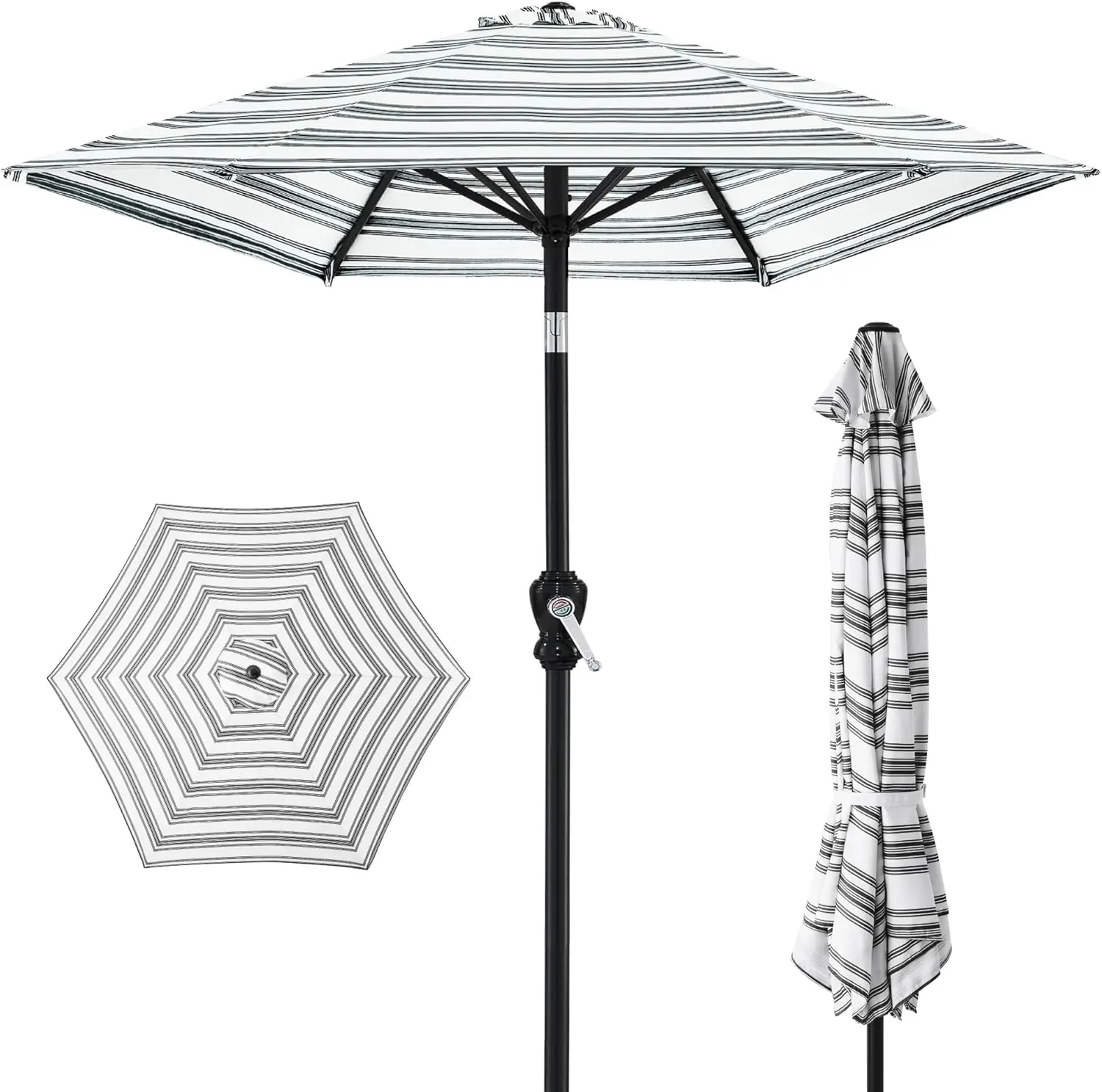 

10ft Outdoor Steel Polyester Market Patio Umbrella w/Crank, Easy Push Button, Tilt, Table Compatible - Striped Black