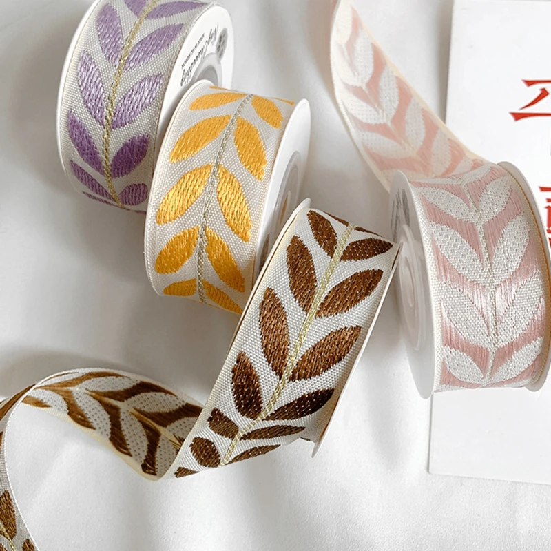 Leaf Embroidery With Ribbon Bouquet Packaging Ribbon Diy Material Webbing Sewing Ribbon Belt For Bag 25mm