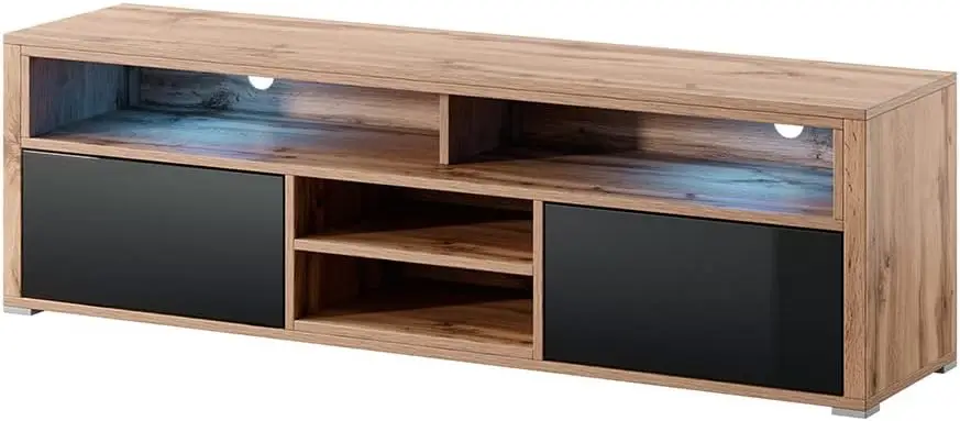 Mueble TV/Mesa TV en Estilo Nórdico/Mueble para Salón (con LED, Roble Dorado/Negro Brillante)