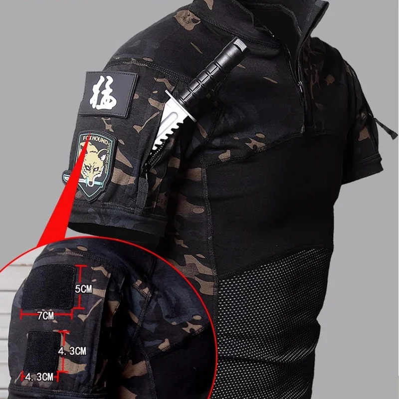 Summer Field Combat Tops Half Zipper Knitting Camouflage Patchwork Tactical T-shirt Breathable Elastic Outdoor Training Tees