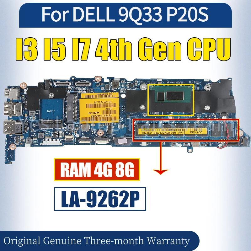 LA-9262P For DELL 9Q33 P20S Laptop MainboardI3 I5 I7 4th Gen With RAM 02CMTV 00FP7W 100％ Tested Notebook Motherboard