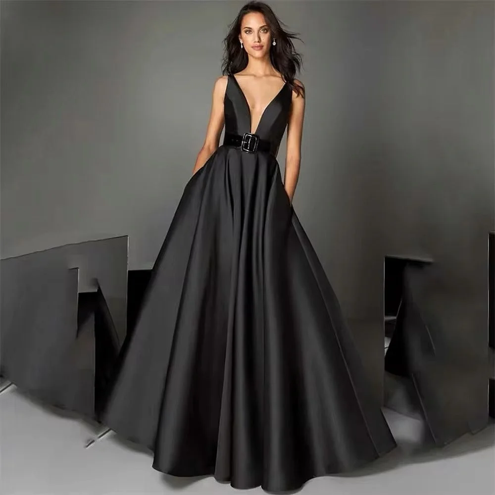 

Exquisite Black Green Prom Evening Dress V-Neck A-Line Sequined Satin Floor Length Banquet Celebrity Party Gowns Robe Soiree