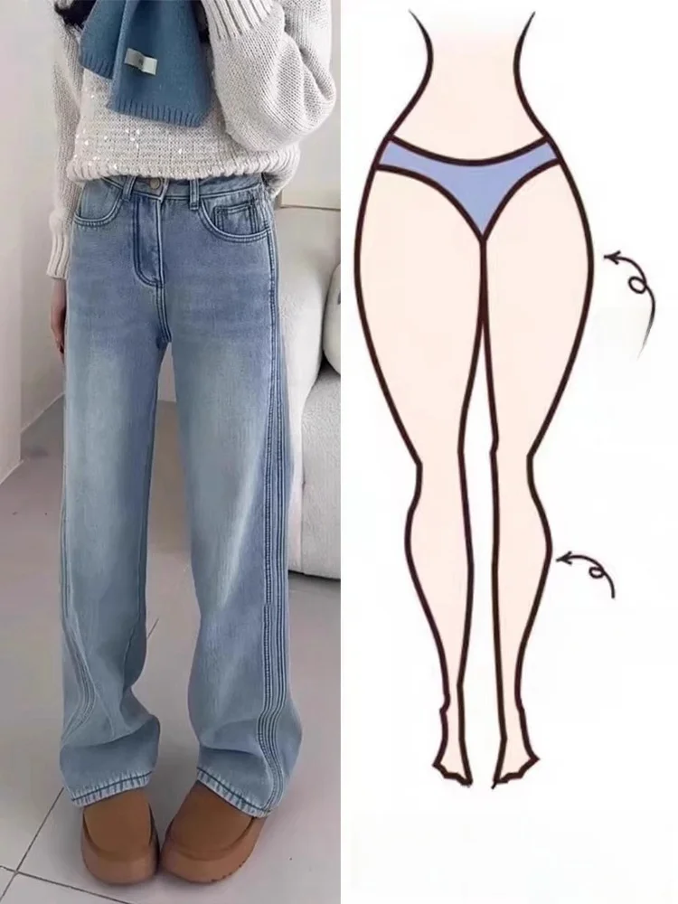 

Light Wash Denim Jeans Women's Spring New plus Size Pear Shape Slim Wide Leg Floor Length Pants Casual High Waist Long Pants