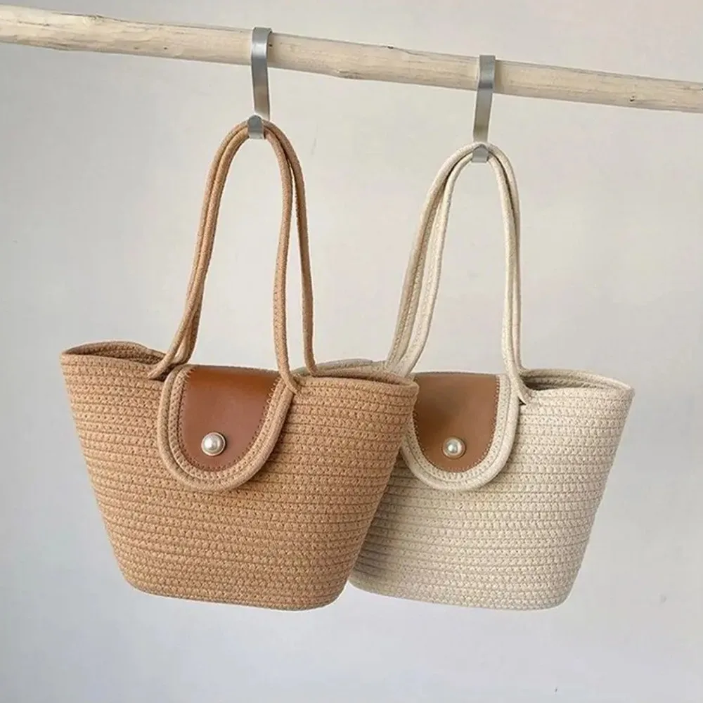 

Casual Sweet Braided Tote Bag Cotton Rope Pearl Cotton Thread Woven Bag Summer French Style Beach Vacation Bag Holiday