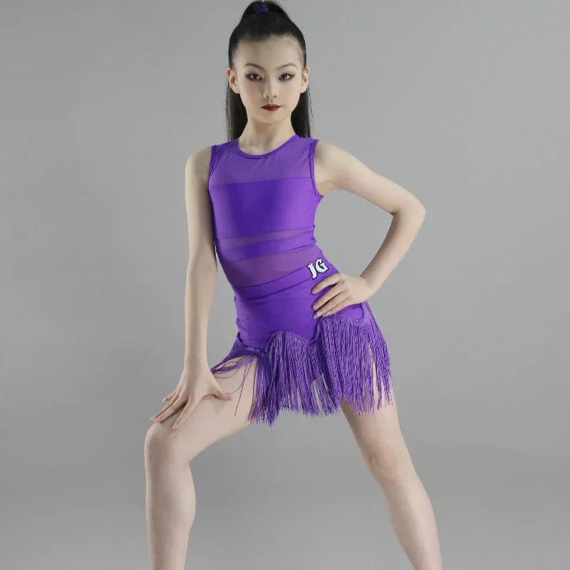 1 pieza/lote de vestido de baile latino morado de verano para niñas, Color sólido Sexy, vestido de baile de Tango con precisión