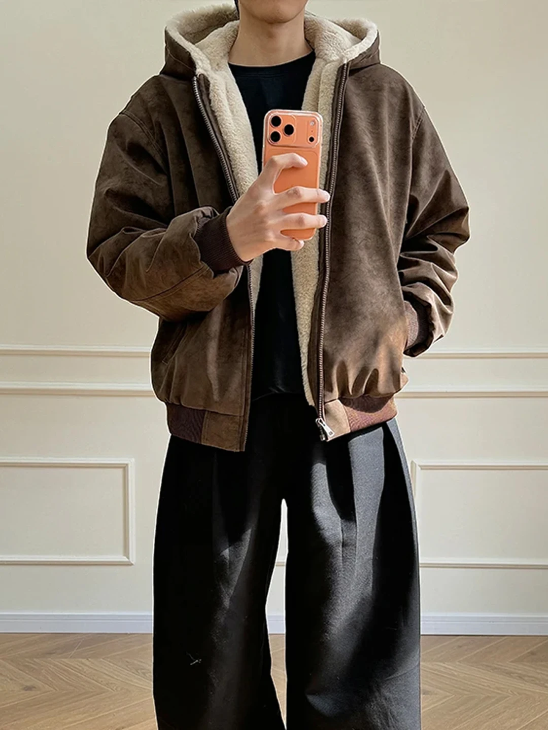 

American Sle Hooded PU Leather Jaet Men's Thiened Warm Rabbit Fur Coat Cotton Clothes for Winter with Zipper Closure