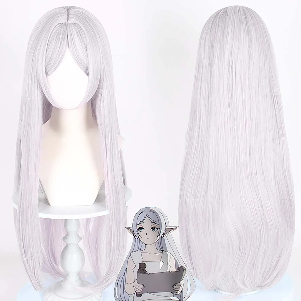 สาวฮาโลวีนปาร์ตี้อะนิเมะ Frieren คอสเพลย์เงินวิกผมยาวตรงสําหรับผู้หญิงที่งานศพ