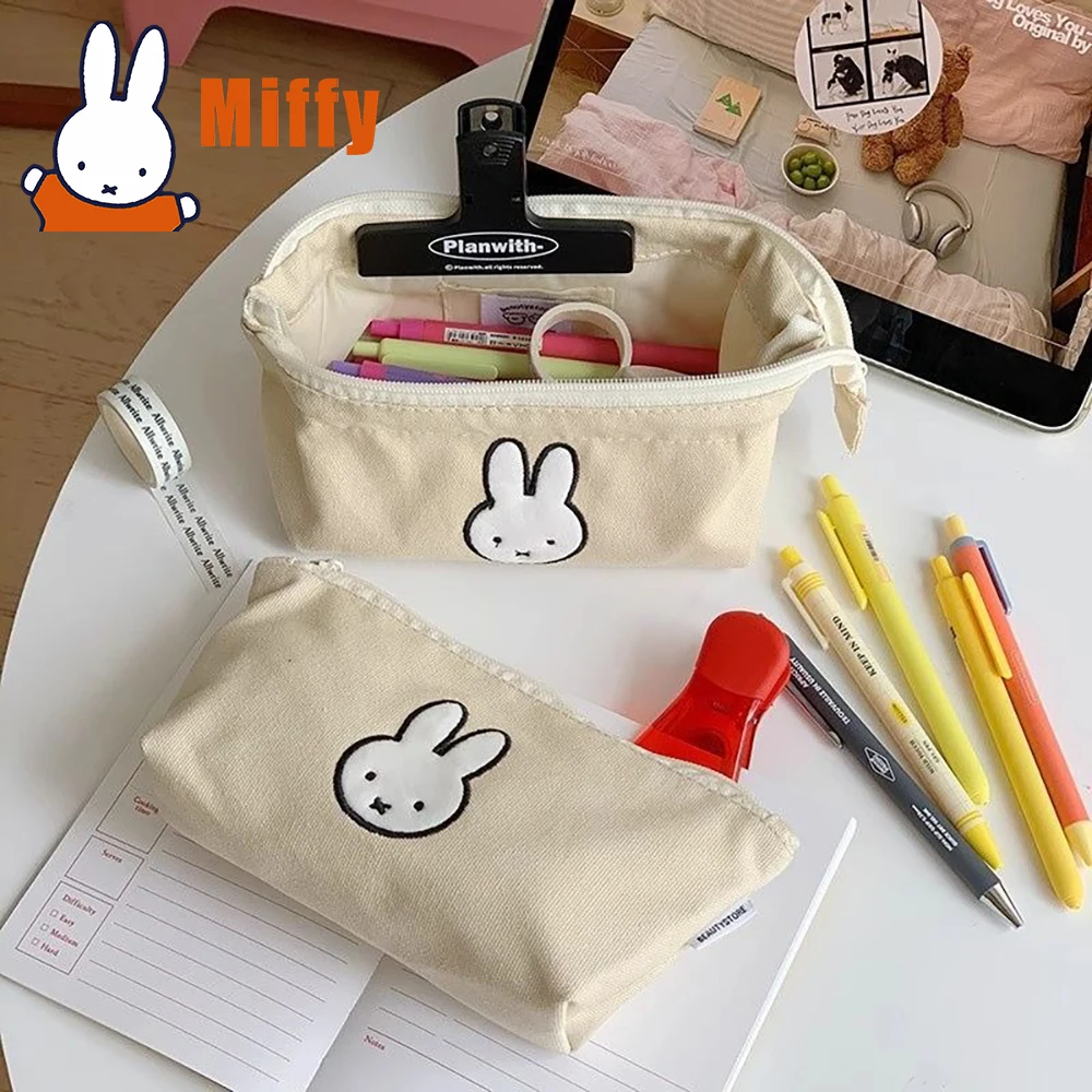 Kawaii Miffy Canvas Long Strip Bag Cute Rabbit Cosmetic Pouch Pencil Bag Large Capacity Embroidered Stationery Girl Gift