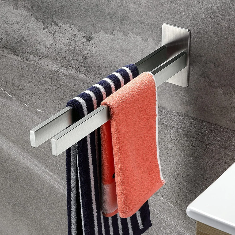 

Stainless Steel Punch Free Double Bars Towel Holder Wall Mounted Bathroom Kitchen Adhesive Storage Rack Double Bars Towel Rack