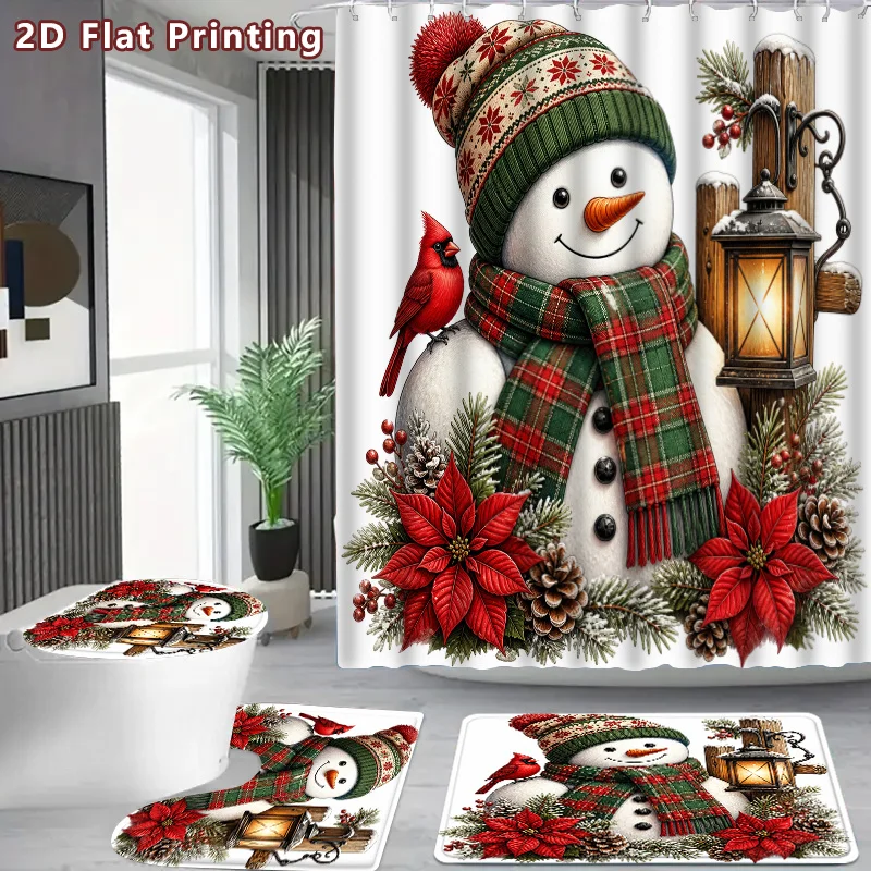 4pc 2D Flat Christmas Snowman Shower Curtain Set, Snowman & Cardinal Print, 3Pcs Matching Mats, Winter Home Bathroom Decor