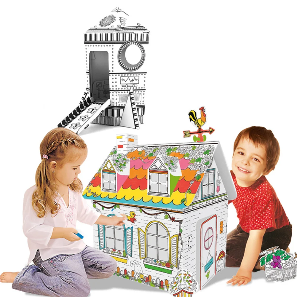 1セット落書きDIY描画パズル3Dヴィラ型塗り絵クラフトキット子供向け手作り組み立てセット