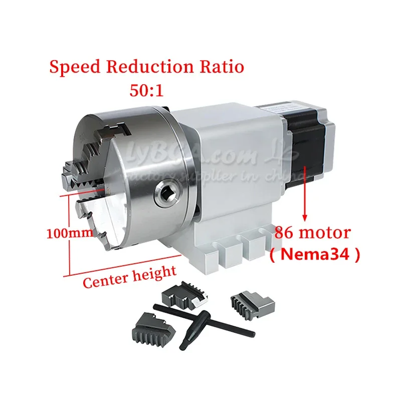 

Center Height 100mm Rotary Axis 4th Axis 3/4 Jaws Chuck 130mm Nema34 86mm Motor 25H100-50-130B for CNC Router Machine