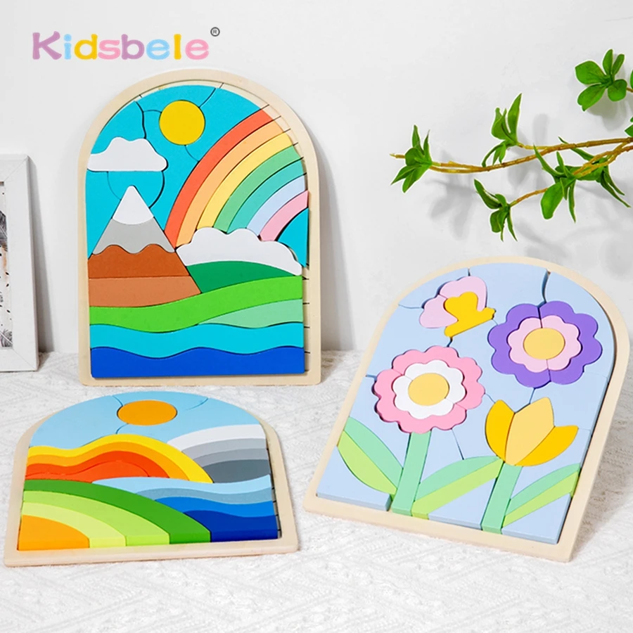 

Деревянная Радуга Монтессори, нерегулярная настольная игра-головоломка, 3D сенсорная игра, игрушка для детей, распознавание цвета, строительные блоки, подарок на вечеринку