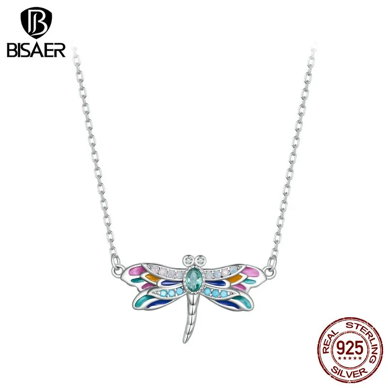 BISAER 100% 925 Sterling Silver Dragonfly Pendant Necklace Animal Enamel Process Plated Platinum Fine Jewelry for Women Party