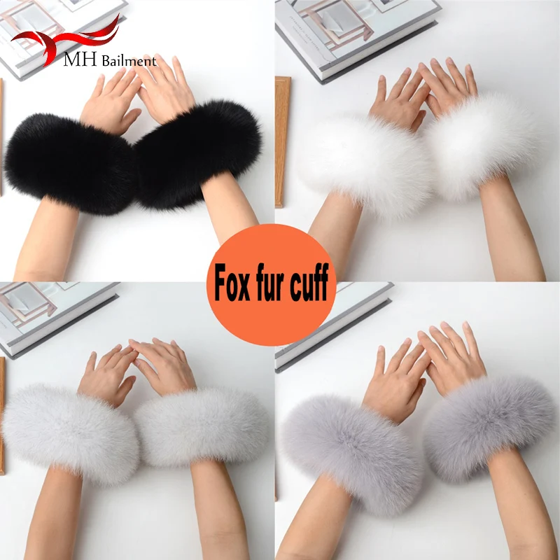 Women 100% Real Fox Fur Wrist Cuffs Winter Warmer White Arm Warmers Covers Luxury Natural Fashion Lady Detachable Sleeves