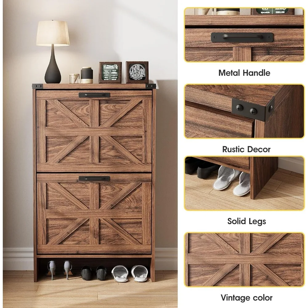 Gabinete de almacenamiento de zapatos delgado estilo granja - Estante organizador de entrada estrecha con 2 cajones para un almacenamiento eficiente de zapatos