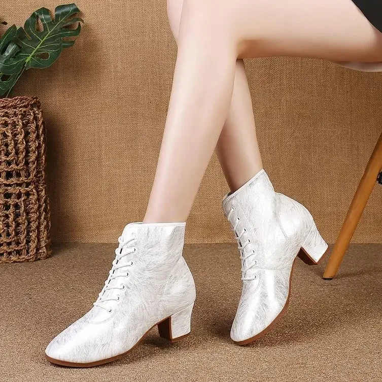 Botines de baile latino para mujer, botas de baile de tacón alto con cordones cuadrados para niñas