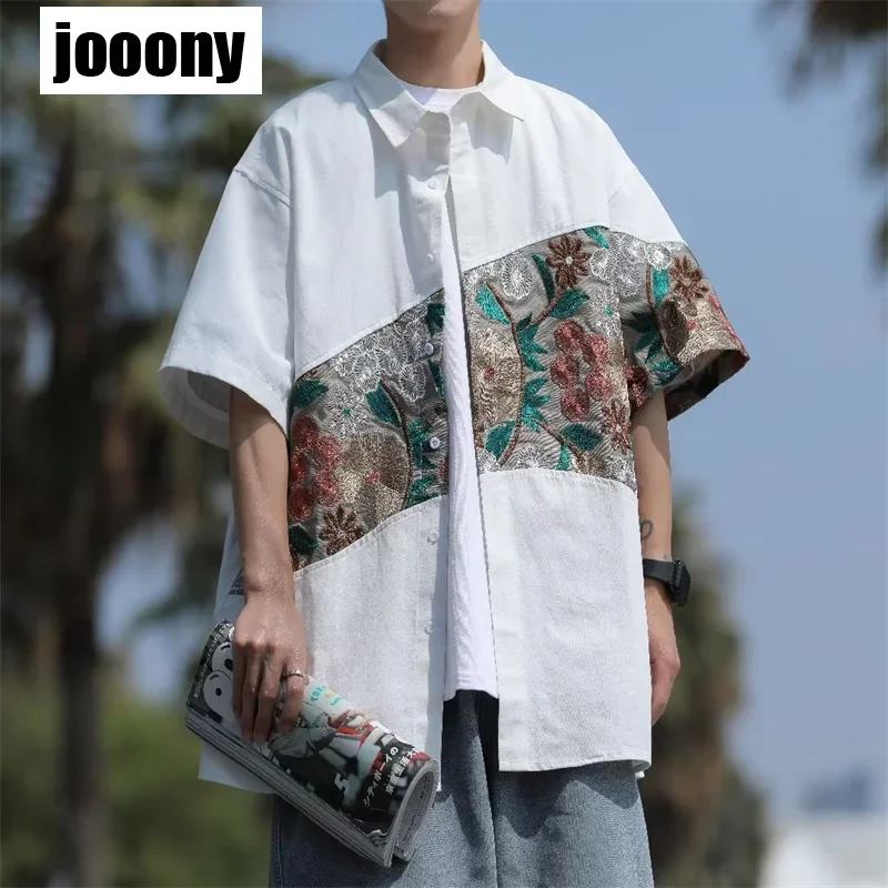 Heren Japanse Streetwear Losse Korte Mouw Shirts Heren Zomer Geborduurd Stiksel Shirts Heren Mode Casual Bloemenshirts