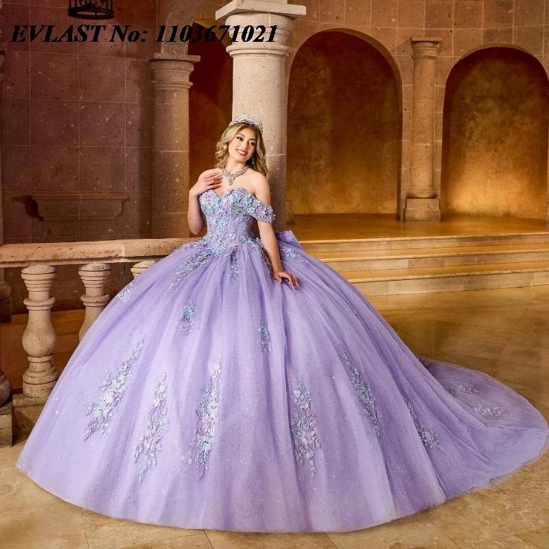 EVLAST Maßgeschneidertes Lavendel-Quinceanera-Kleid, Ballkleid, Blumenapplikation, Perlenschleife, Korsett, Sweet 16, Vestidos de 15 Anos SQ721