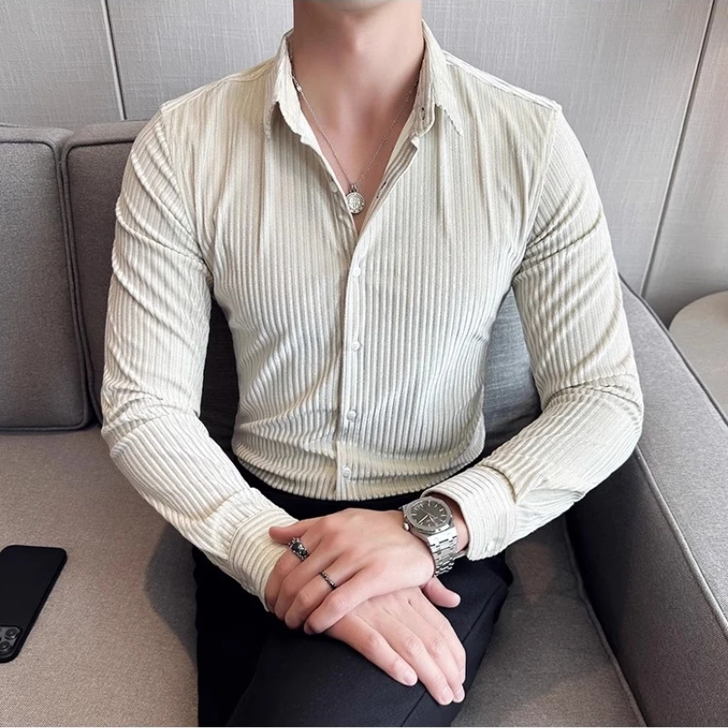 Luxury Velvet Lined Striped Shirt for Men 2023 Autumn Long Sleeved Slim Casual Shirts Fashion Business Social Formal Dress Shirt