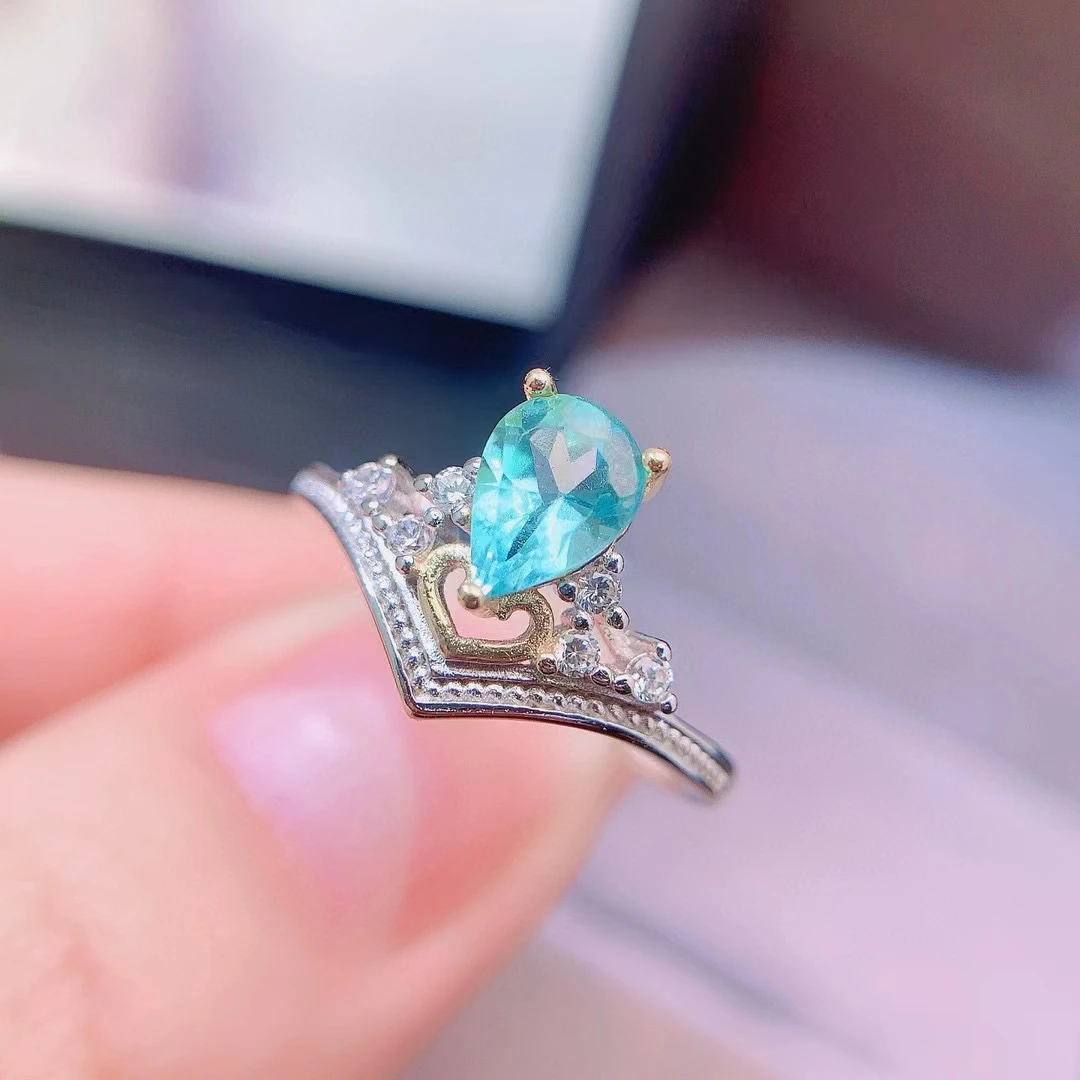 100% Natural Apatite Ring 5*7mm 0.6ct Apatite 925 Silver Jewelry Vintage Style Crown Gemstone Ring with 3 Layers 18K Gold Plated