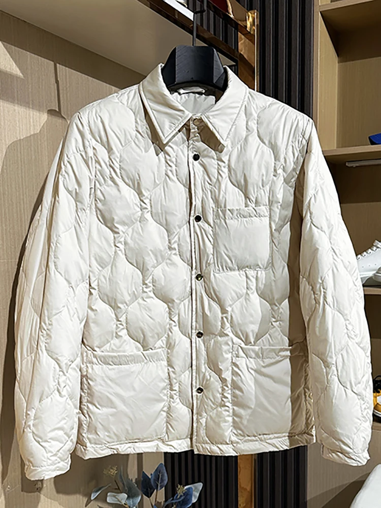 New high quality lightweight warm winter men's down jacket with diamond check lapel