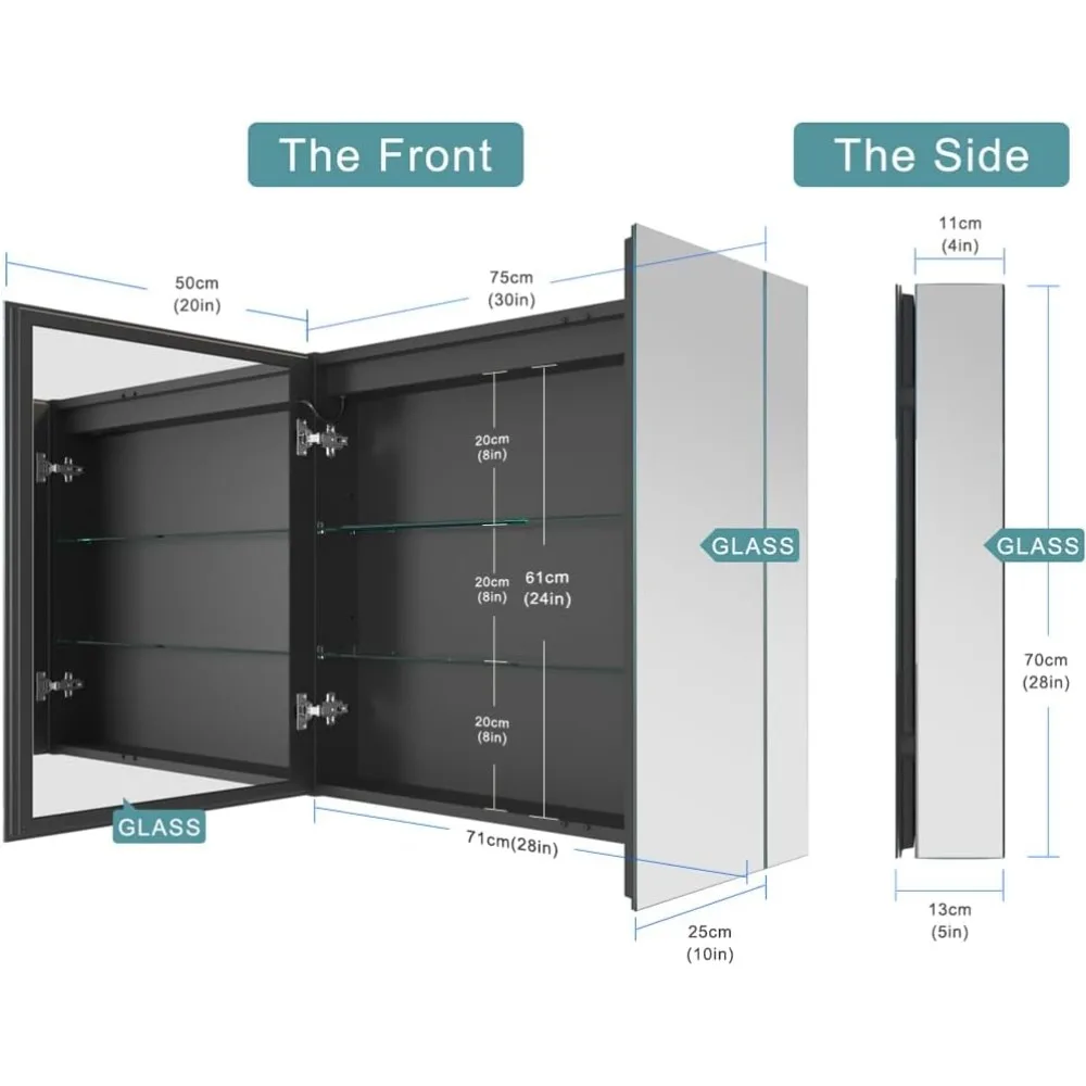 Armoire miroir avec prises USB, anti-buée, lumière à intensité variable et réglage des documents, LED éclairée, armoire HO30 * 28 po