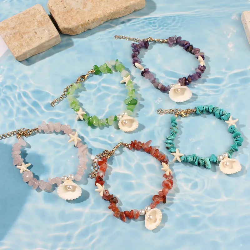 10pcs Bohemian Trendy Sea Shell Pendant Handmade Crushed Stone Beads Starfish Charms Bracelet for Women Girls Beach Jewelry Gift