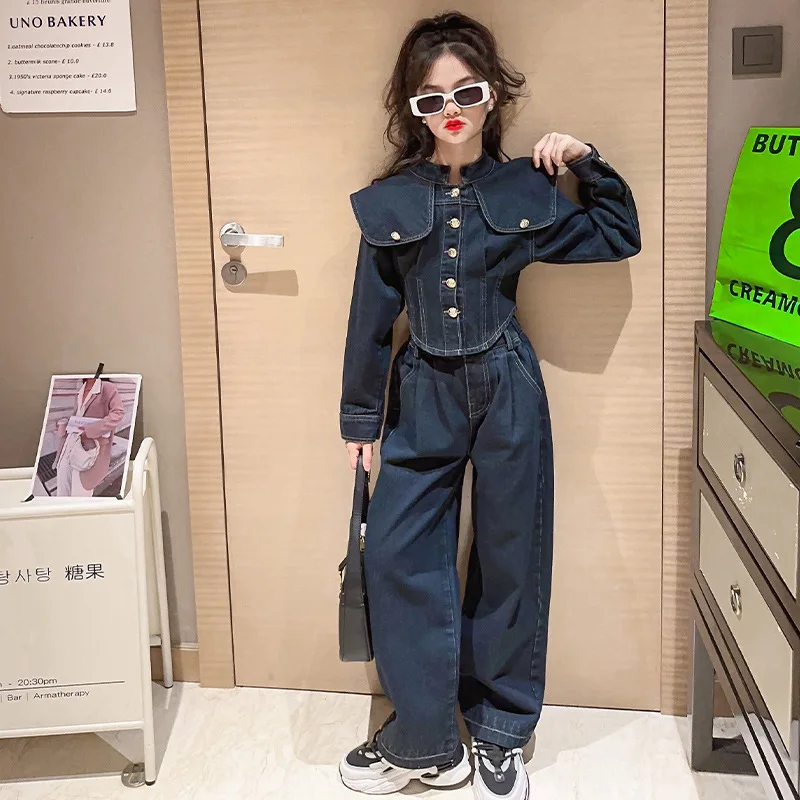 5-14 Year Children\'s Clothes Kids Spring Clothes Suit New Teenagers Girls Coat Cardigan Jeans Large Lapel Denim Two-Piece Set