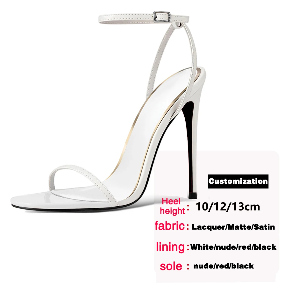 Elegant Women's White Pointed-Toe Ankle-Strap Sandals Gold Trim High Heels 10/12/13cm Plus Size（35-46）