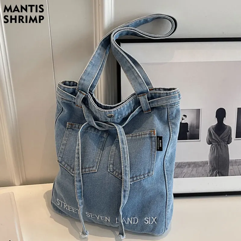 Women\'s Bag Casual Denim Cloth Women Bucket Shoulder Bags Girl Blue New Fashion Shoulder Bag Small Casual Tote Bags Lady Purse