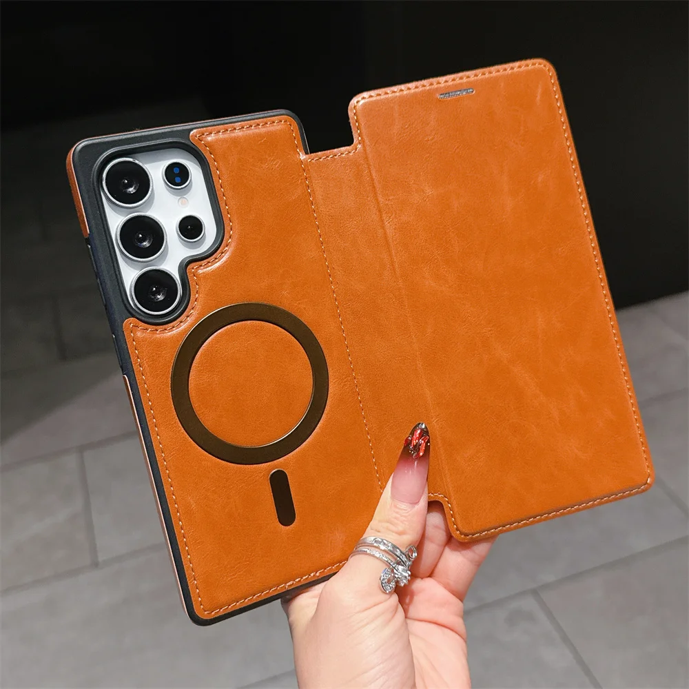 Klasyczne skórzane etui z klapką i magnetycznym zamknięciem na telefon Samsung S26 S25 Edge S24 Ultra S22 S23 Plus, luksusowa obudowa z obsługą bezprzewodowego ładowania. — zdjęcie produktu 2
