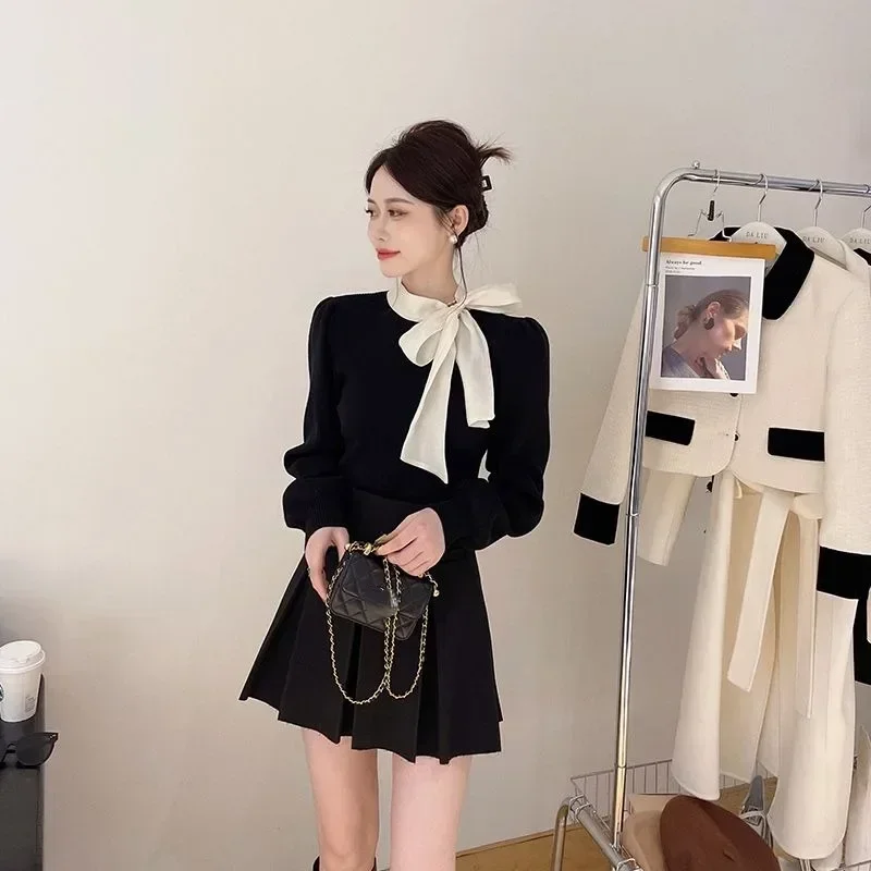 Ezgaga Office Lady Elegant Sweater Women Bow Ribbon Slim Stretch Long Sleeve Pullover Women French Style Chic Basic Tops