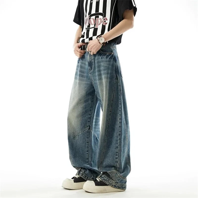 

Men's Wahsed Blue Wide Leg Curved Jeans Inverted Hem High Quality Loose Casual Straight Denim Long Pants 2026 New