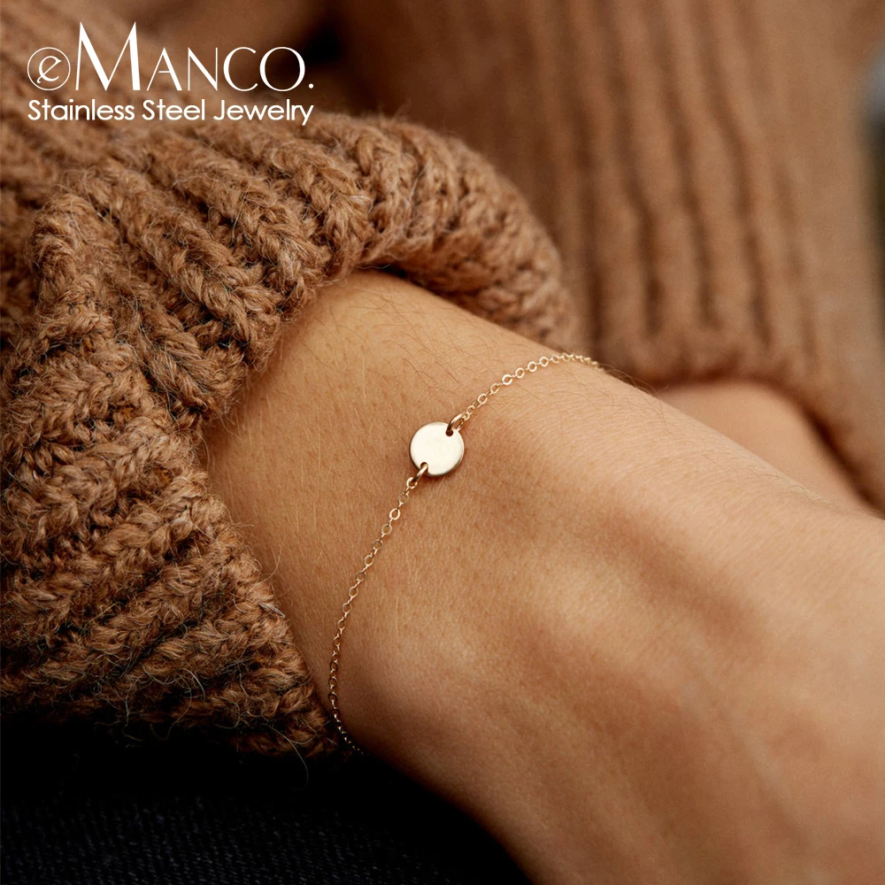 EMANCO  Minimalist Initial Charm Bracelets Plain Blank Round Pendant Stainless Steel Bracelet Adjustable Bracelet Jewelle