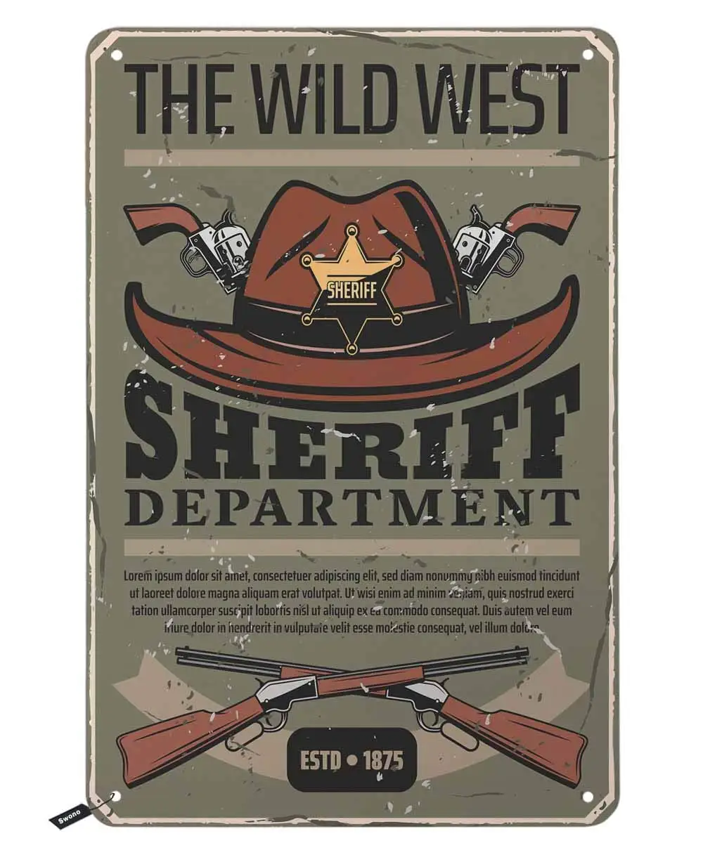 Swono West Poster Tin Signs,Cowboy Hat with Guns and Letter Sheriff Department Vintage Metal Tin Sign for Men Women,Wal