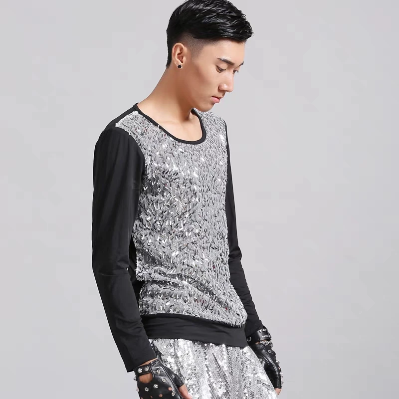 Male Sequins T-shirt Dance Costume Male Casual Loose Tops Personalized Singer Dancer Hip Hop Rock Performance Nightclub Clotthes