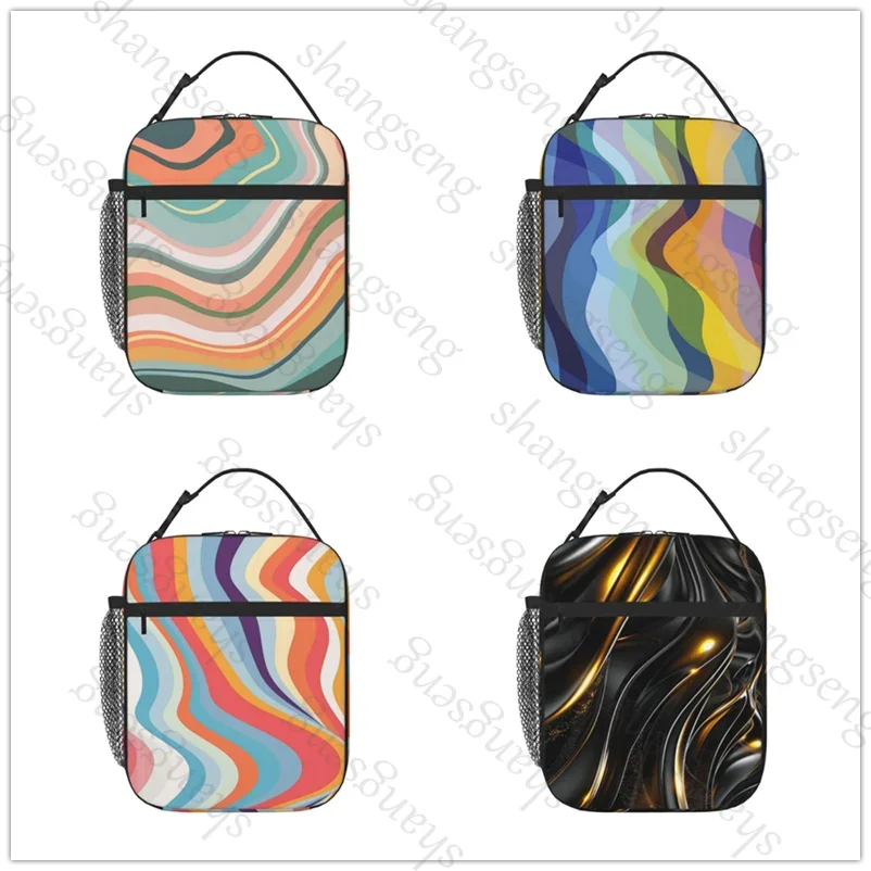 Lunch Bag insulated bag,student thickened waterproof Outdoor Travel Ice Pack, Picnic Bag black gold abstract design