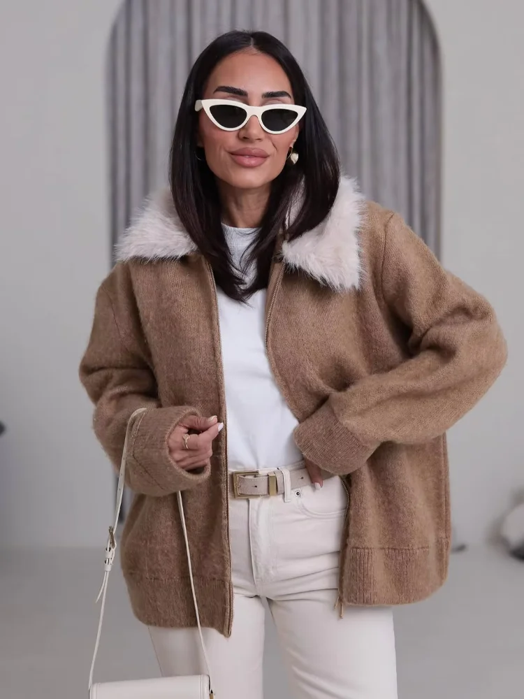 سترة قصيرة بياقة من الفرو غير رسمية للنساء بأكمام كاملة وأكتاف منسدلة وسحاب في اتجاهين معطف فضفاض للسيدات ملابس يومية جديدة للتنقل #5