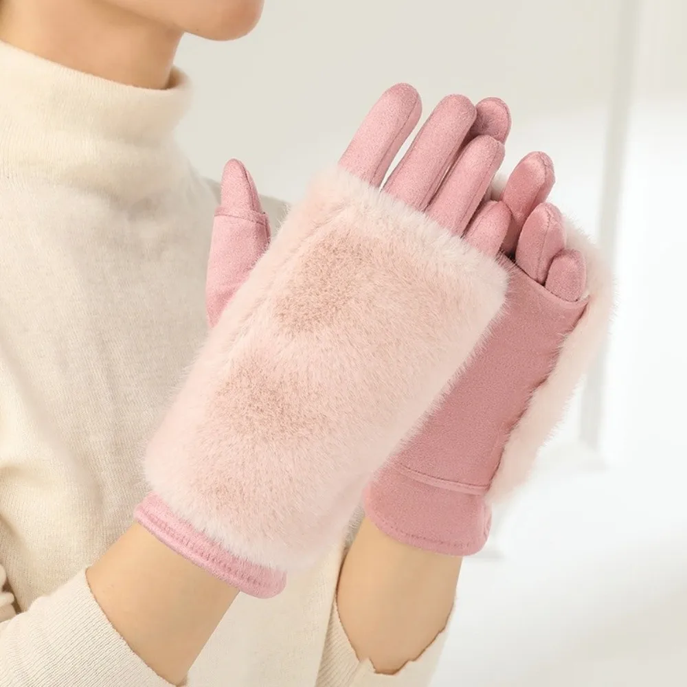 

Удобные однотонные замшевые перчатки, утолщенные, с отстегивающимся искусственным мехом кролика, женские зимние перчатки, полнопальцевые термоперчатки для вечеринок