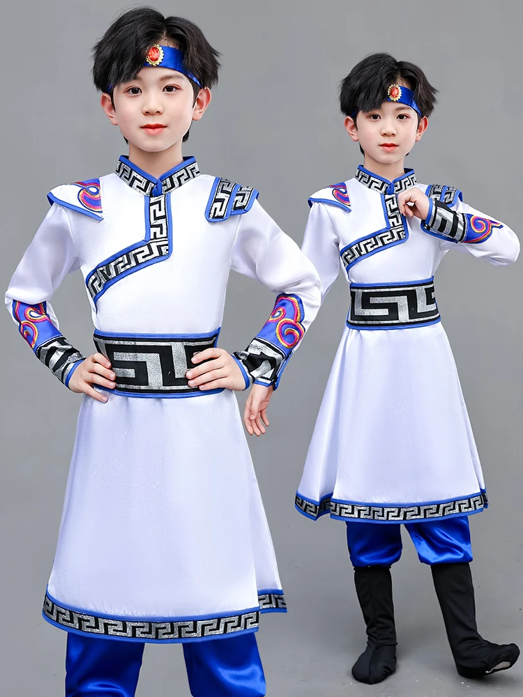 

Монгольская этническая детская одежда: костюм для выступлений для мальчиков, традиционный монгольский стиль, праздничная одежда с узорами