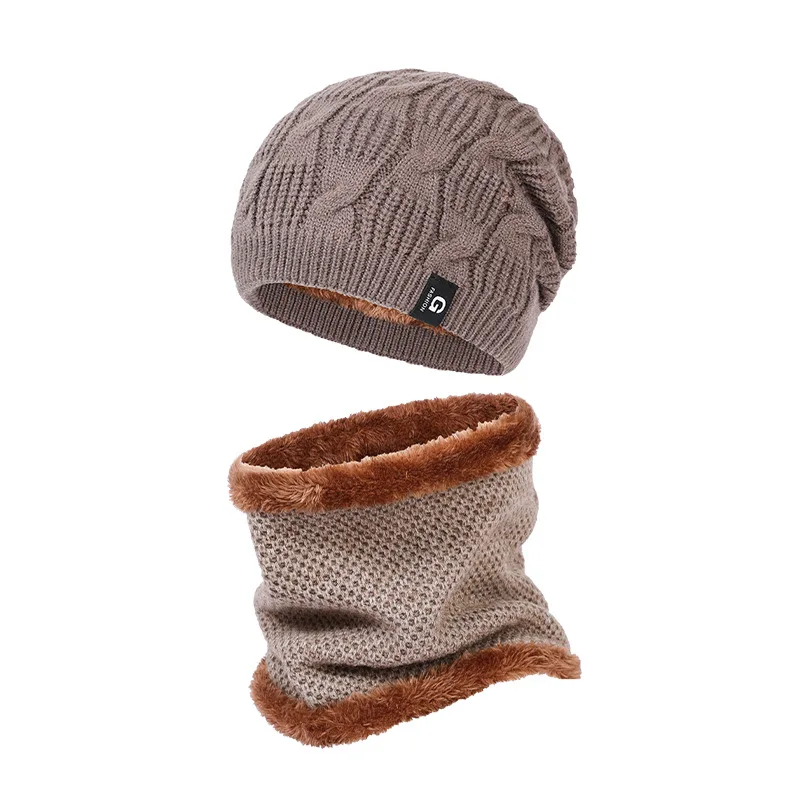 Cachecol de malha para homens e mulheres, terno espesso, proteção de orelha, lenço de veludo, gorro quente, outono, inverno, 2 peças