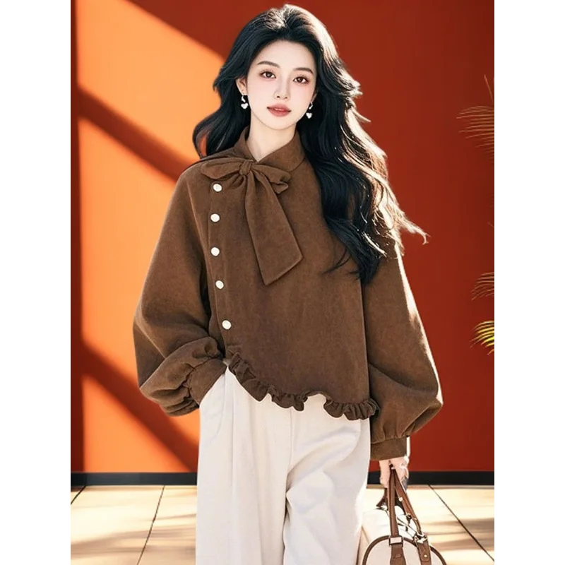 

Elegant and Atmospheric Women's Top with Spring Stand Up Collar and Lantern Sleeves, Short All Match Irregular Breasted Hoodie