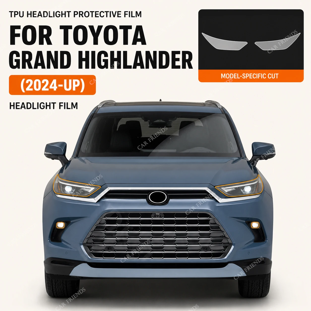 Custom Fit Anti-Scratch Automotive TPU Headlight Protective Film for Toyota Grand Highlander Vehicle 2024-2025 Model Year