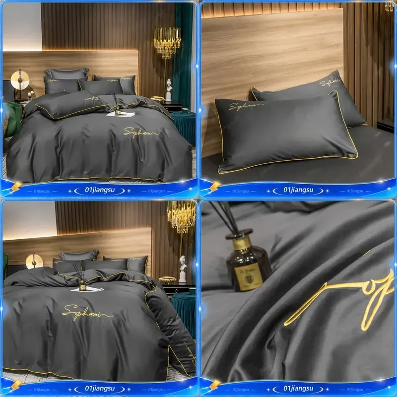 Svetanya Solid Cotton Embroidery Bedding Set Duvet Cover Sheet Pillowcase Hotel Quality Home Bed Linens Soft Breathable