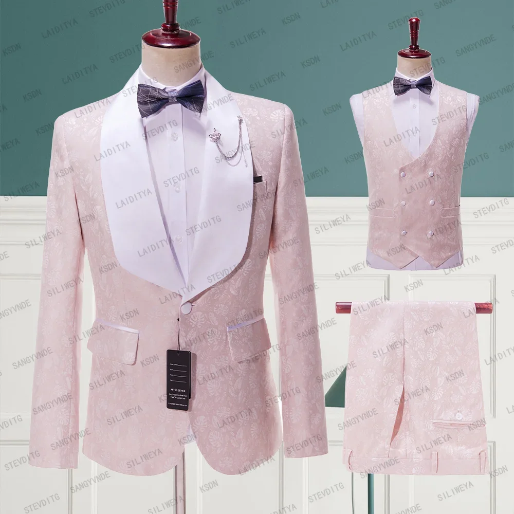 

New Classic Design with White Satin Lapel Men Suit Costume Homme Party Wedding Pink Jacquard Terno Masculino Slim Fit Groom Set