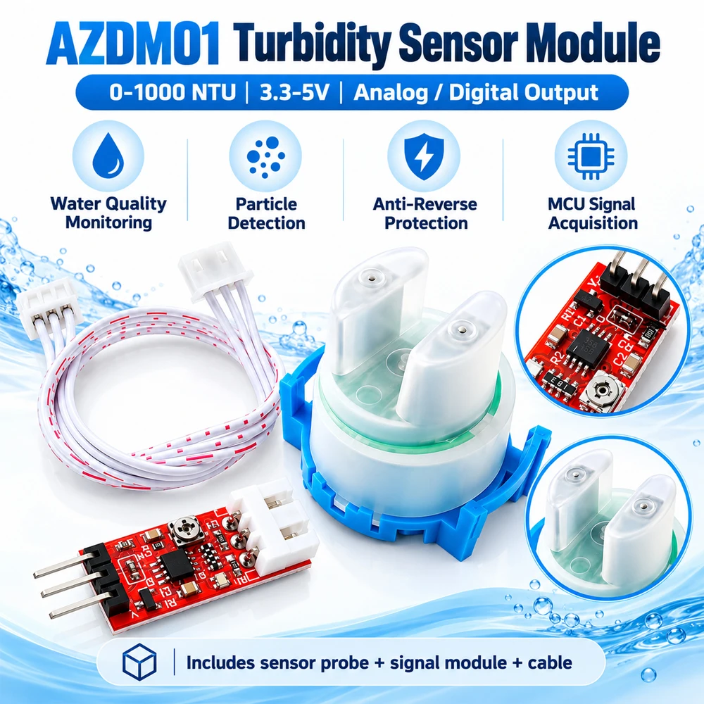 AZDM01 Turbidity Sensor Module 0-1000 NTU 3.3-5V Analog/Digital Output for Water Quality Monitoring and Particle Detection